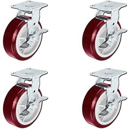 Casterhq Hvy Dty Polyurethane Swivel Casters W/ Brakes, 6"x2" Size, PK4 HD6660-01-PCI-TLB-V-S04